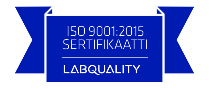 Sininen logo, jossa lukee ISO 9001:2015 sertifikaatti labquality.